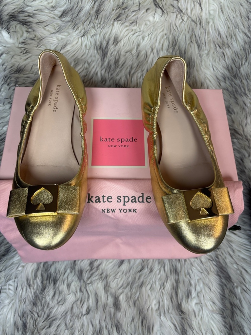 kate spade Metallic Gold Bow Flats with Spade Accent Size 8